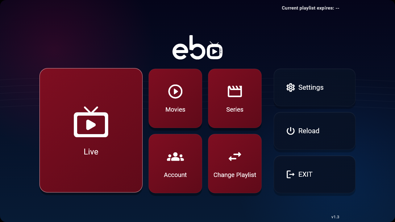 EboPlayer dashboard with Ebo logo, Live, Movies, Series and Settings
